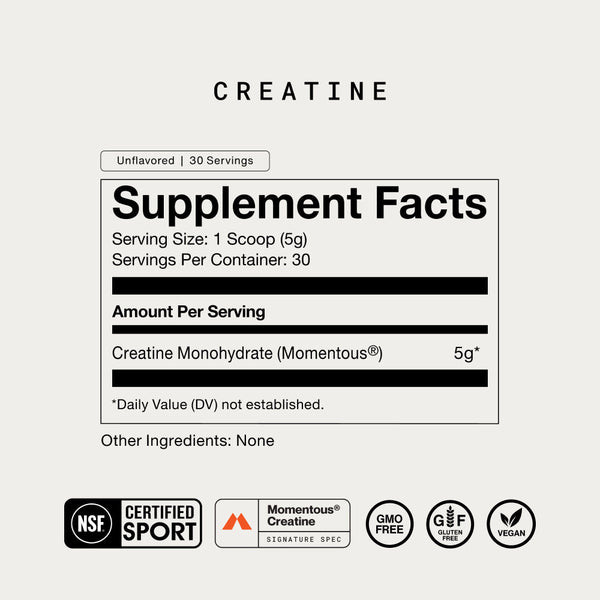 The Momentous Three creatine wellness supplement facts label showing 30 servings of creatine monohydrate with NSF Certified for Sport and vegan certification icons