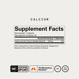 Calcium supplement facts label showing 250 mg calcium as di calcium malate per capsule 60 servings and NSF Certified for Sport and The Momentous Standard badges