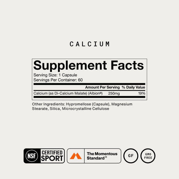 Calcium supplement facts label showing 250 mg calcium as di calcium malate per capsule 60 servings and NSF Certified for Sport and The Momentous Standard badges