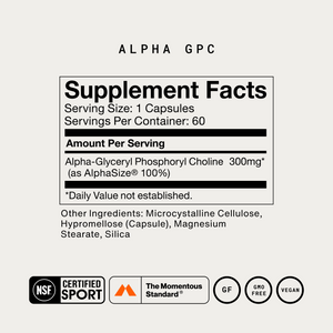 Alpha GPC supplement facts label showing one capsule serving 60 servings per container and 300mg Alpha Glyceryl Phosphoryl Choline with NSF Certified Sport and vegan badges