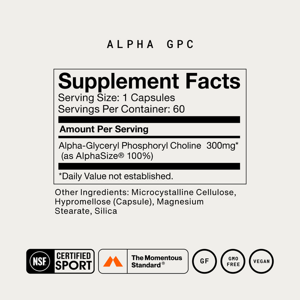 Alpha GPC supplement facts label showing one capsule serving 60 servings per container and 300mg Alpha Glyceryl Phosphoryl Choline with NSF Certified Sport and vegan badges