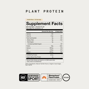 100% Plant Protein Powder supplement facts panel for vanilla flavor with vegan NSF Certified Sport and Momentous Plant Protein certifications
