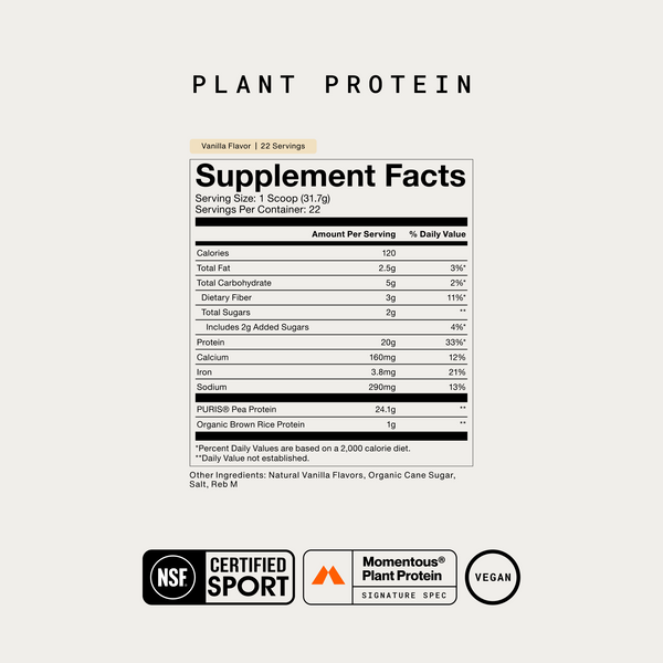 100% Plant Protein Powder supplement facts panel for vanilla flavor with vegan NSF Certified Sport and Momentous Plant Protein certifications