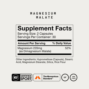 Magnesium Malate supplement facts label showing 220 mg magnesium per serving two capsules and 30 servings per container with NSF Certified Sport certification
