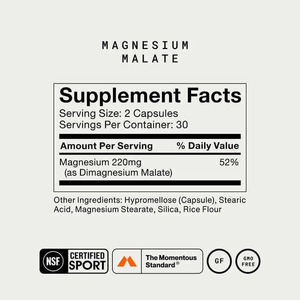 Magnesium Malate supplement facts label showing 220 mg magnesium per serving two capsules and 30 servings per container with NSF Certified Sport certification