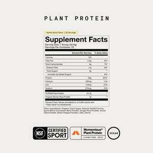 100% Plant Protein Powder label featuring Vanilla Spice flavor nutrition facts with NSF Certified Sport Momentous Plant Protein and vegan certifications