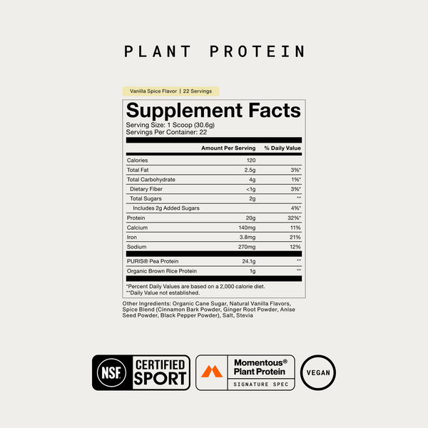 100% Plant Protein Powder label featuring Vanilla Spice flavor nutrition facts with NSF Certified Sport Momentous Plant Protein and vegan certifications