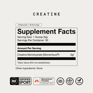 Supplement facts label for The Momentous Three creatine powder, showing 5g creatine monohydrate per serving, unflavored with 30 servings, and certifications for sport, gluten-free, vegan, and GMO-free.