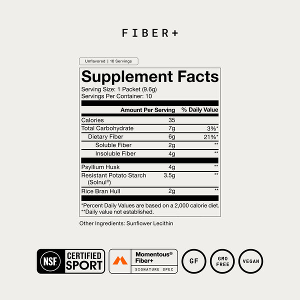 Fiber+ 10-Travel Packs supplement facts panel featuring dietary fiber ingredients and NSF Certified for Sport vegan gluten free and GMO free badges