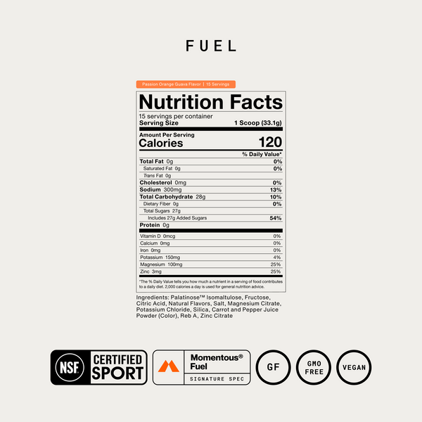 Fuel wellness supplement label showing nutrition facts with 120 calories per serving and certified sport gluten free GMO free and vegan badges
