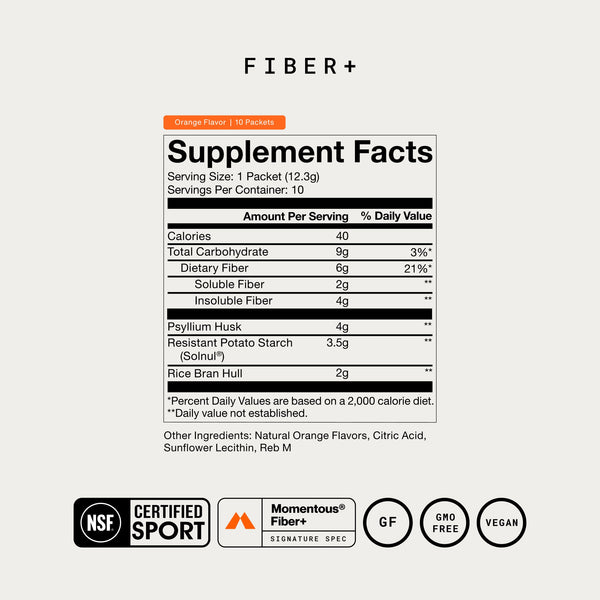 Fiber+ 10-Travel Packs supplement facts label showing orange flavor fiber blend and NSF Certified Sport vegan and GMO free certifications