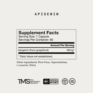 Supplement facts for Apigenin showing 50mg per capsule derived from grapefruit, with other ingredients including rice flour, hypromellose, L-leucine, and silica, labeled gluten-free and GMO-free.