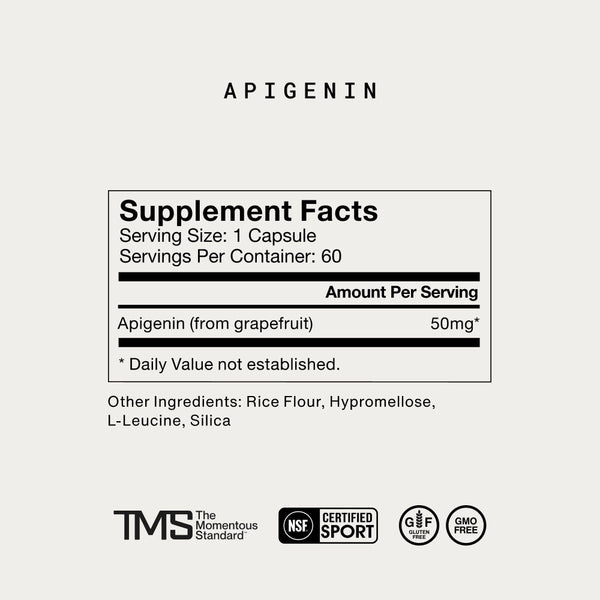 Supplement facts for Apigenin showing 50mg per capsule derived from grapefruit, with other ingredients including rice flour, hypromellose, L-leucine, and silica, labeled gluten-free and GMO-free.