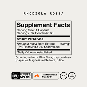 Rhodiola Rosea supplement facts label showing one capsule per serving, 60 servings, 100mg root extract, ingredients, and NSF Certified Sport, GF, and GMO Free marks