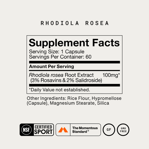 Rhodiola Rosea supplement facts label showing one capsule per serving, 60 servings, 100mg root extract, ingredients, and NSF Certified Sport, GF, and GMO Free marks