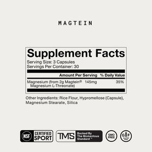Supplement facts label for Complete Sleep Stack showing magnesium content from Magtein, serving size of 3 capsules, and certifications including NSF Certified Sport, TMS standard, GMO free, and gluten free.