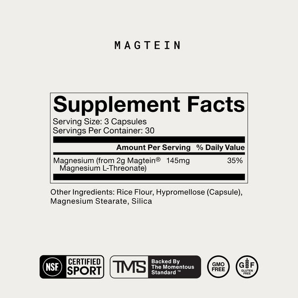 Supplement facts label for Complete Sleep Stack showing magnesium content from Magtein, serving size of 3 capsules, and certifications including NSF Certified Sport, TMS standard, GMO free, and gluten free.