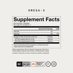 Omega-3 supplement facts label showing 1700 mg omega-3 fatty acids from fish oil with 800 mg EPA and 800 mg DHA plus NSF Certified Sport and gluten free badges