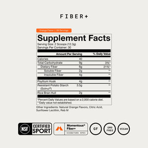 Fiber+ orange flavor wellness supplement facts label showing 30 servings with psyllium husk and certifications for vegan gluten free and GMO free use