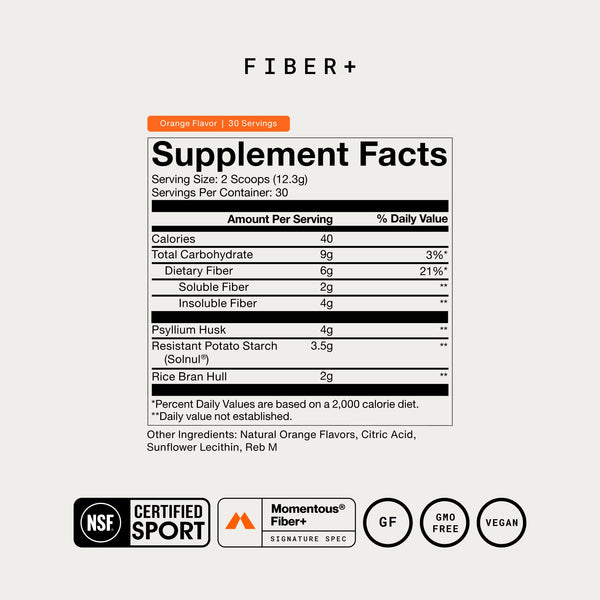 Fiber+ orange flavor wellness supplement facts label showing 30 servings with psyllium husk and certifications for vegan gluten free and GMO free use