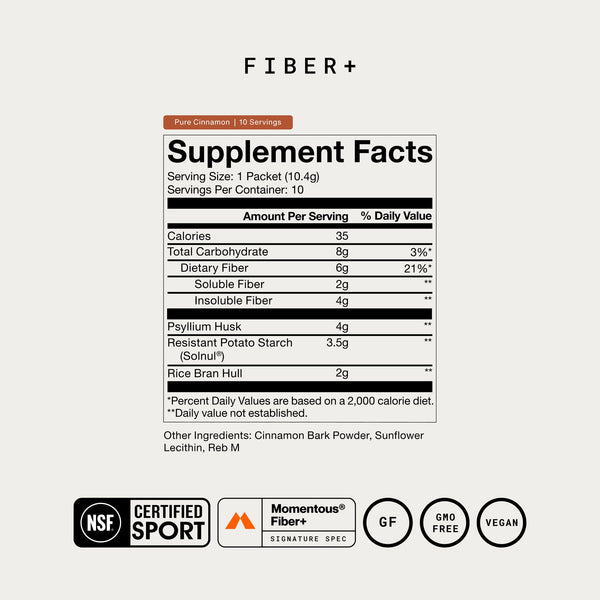 Fiber+ 10-Travel Packs supplement facts label with fiber blend details and NSF Certified for Sport gluten free GMO free and vegan certifications