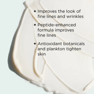 Close-up of creamy white skincare product texture with text highlighting benefits of the MAX™ crème | IMAGE Skincare, including improving fine lines and wrinkles, peptide-enhanced formula, and antioxidant botanicals with plankton to tighten skin.