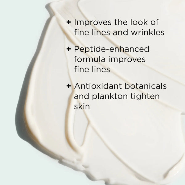 Close-up of creamy white skincare product texture with text highlighting benefits of the MAX™ crème | IMAGE Skincare, including improving fine lines and wrinkles, peptide-enhanced formula, and antioxidant botanicals with plankton to tighten skin.