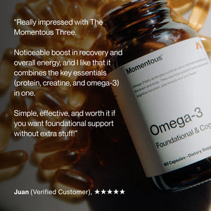 Close-up of an Omega-3 dietary supplement bottle labeled The Momentous Three surrounded by capsules with a customer review praising its support for recovery, energy, and foundational wellness.