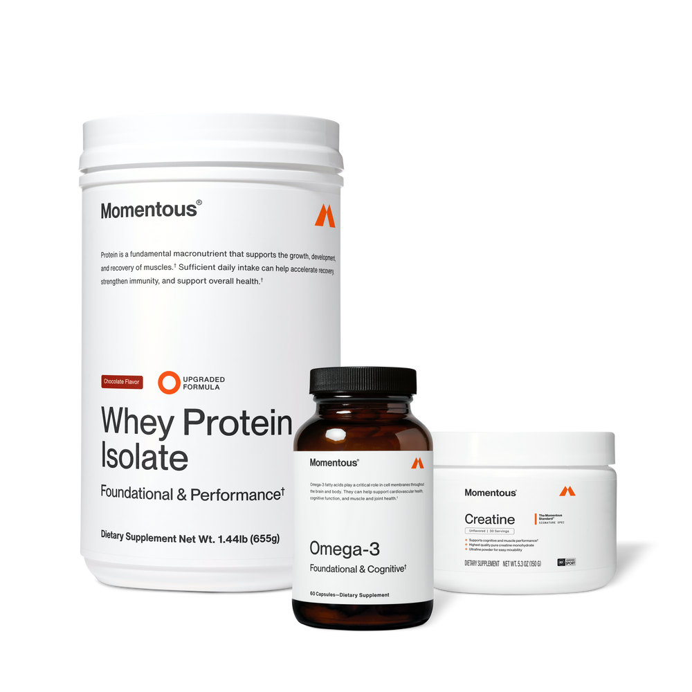The Momentous Three wellness supplements set with chocolate-flavored whey protein isolate, omega-3 capsules, and creatine powder for fitness recovery and cognitive support.