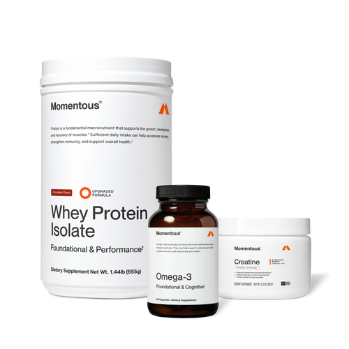 The Momentous Three wellness supplements set with chocolate-flavored whey protein isolate, omega-3 capsules, and creatine powder for fitness recovery and cognitive support.