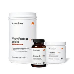 The Momentous Three featuring Momentous whey protein isolate creatine and omega 3 wellness supplements on a black background