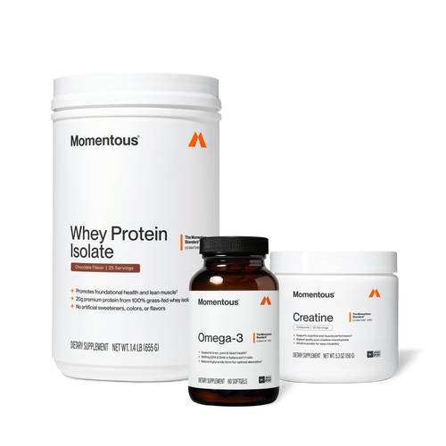The Momentous Three featuring Momentous whey protein isolate creatine and omega 3 wellness supplements on a black background