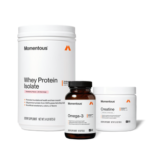 The Momentous Three featuring whey protein isolate omega 3 and creatine wellness supplements for daily nutrition and recovery support