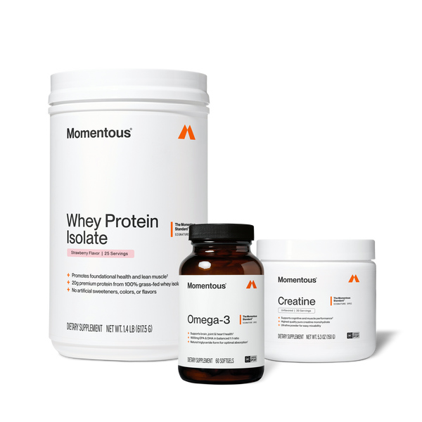 The Momentous Three featuring whey protein isolate omega 3 and creatine wellness supplements for daily nutrition and recovery support