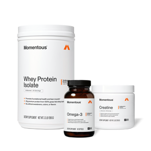 The Momentous Three featuring Momentous whey protein isolate omega 3 and creatine supplements in white containers for wellness and recovery support