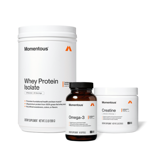 The Momentous Three featuring Momentous whey protein isolate omega 3 and creatine supplements in white containers for wellness and recovery support