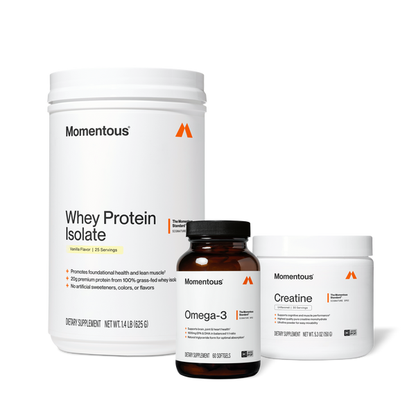 The Momentous Three featuring whey protein isolate omega 3 and creatine supplements in white containers for daily wellness and fitness support