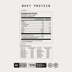 The Momentous Three whey protein supplement facts label with nutrition information amino acid profile and NSF Certified for Sport badge