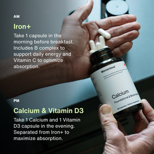 Close-up of a person holding a bottle of capsules labeled Calcium with two capsules in the other hand, alongside instructions for taking Iron+ in the morning and Calcium & Vitamin D3 in the evening as part of The Women’s Three™ wellness supplement routine.
