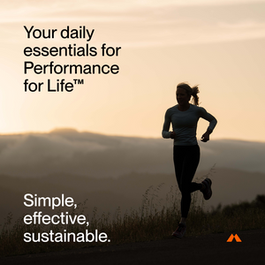 Silhouette of a woman running outdoors at sunrise with text promoting The Women’s Three™ as daily essentials for lifelong performance, emphasizing simplicity, effectiveness, and sustainability.