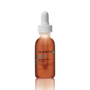 Take Care Daily™ Antioxidant Red Tea Serum | ClarityRx in a frosted amber glass bottle with white dropper cap, designed for skincare hydration and protection with antioxidant benefits.