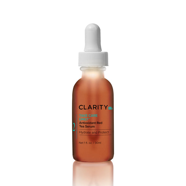 Take Care Daily™ Antioxidant Red Tea Serum | ClarityRx in a frosted amber glass bottle with white dropper cap, designed for skincare hydration and protection with antioxidant benefits.
