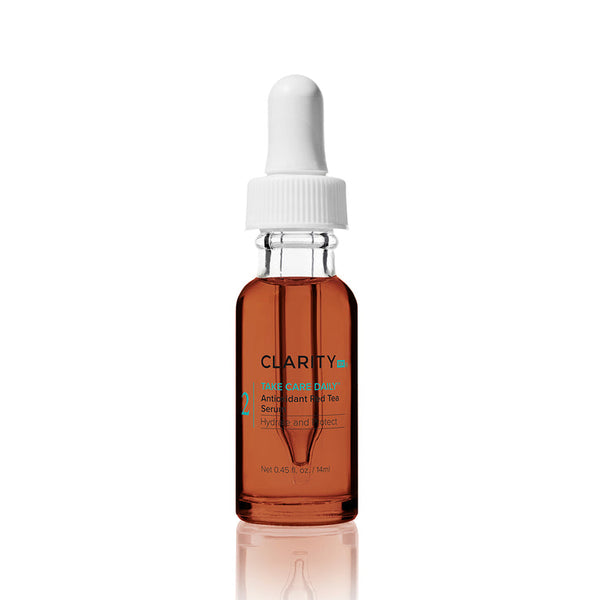 Take Care Daily™ Antioxidant Red Tea Serum | ClarityRx in a small clear glass dropper bottle containing red tea serum for skincare and antioxidant benefits.