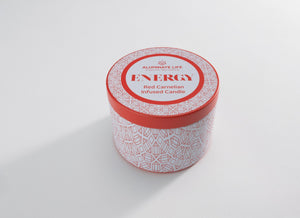 Energy Candle Tin 6 oz | Aluminate Life with red geometric crystal pattern and red carnelian infusion for wellness and energy enhancement.