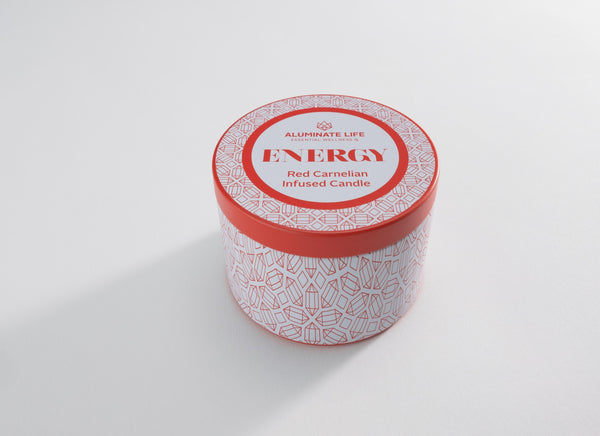 Energy Candle Tin 6 oz | Aluminate Life with red geometric crystal pattern and red carnelian infusion for wellness and energy enhancement.