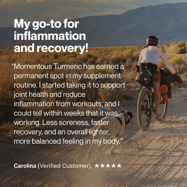 Person riding a loaded bicycle on a dirt trail with a dog running alongside, featuring a customer testimonial about Turmeric supporting inflammation relief and recovery.