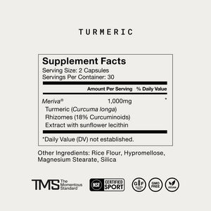 Supplement facts for Turmeric showing 1000mg of turmeric rhizomes extract with sunflower lecithin per two capsules, highlighting wellness supplement features and certifications.