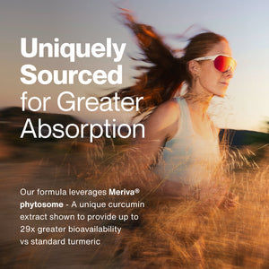 Woman wearing sporty sunglasses running outdoors at sunset with text overlay about Turmeric’s uniquely sourced formula for greater absorption and bioavailability.