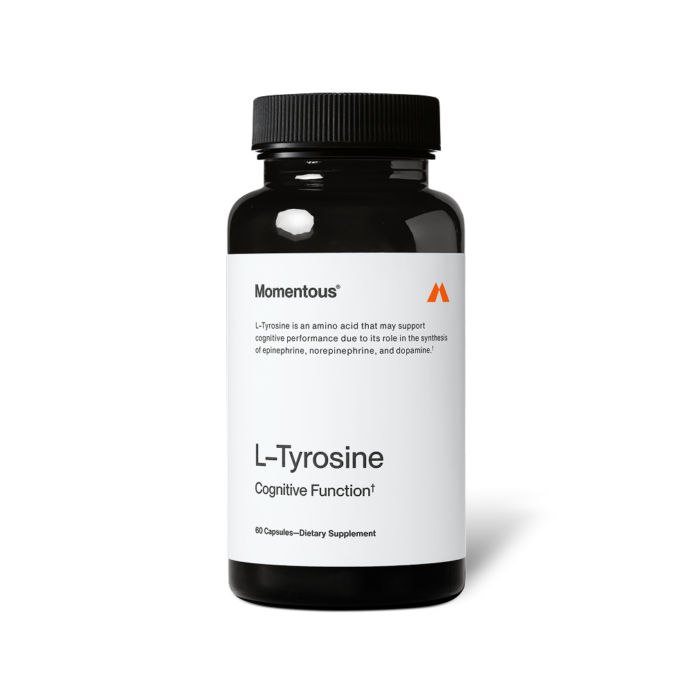 Bottle of Tyrosine dietary supplement capsules by Momentous, designed to support cognitive function and brain health.