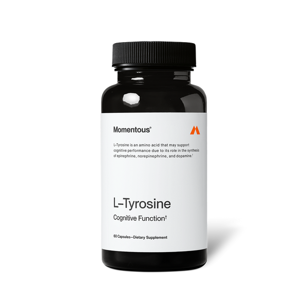 Bottle of Tyrosine dietary supplement capsules by Momentous, designed to support cognitive function and brain health.